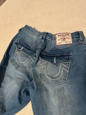 True Religion Women's Blue Rhinestone Pocket Bootcut Jeans